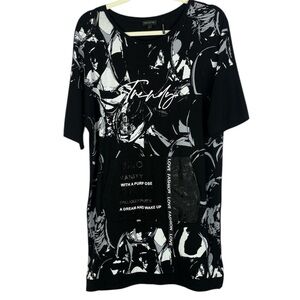 Tricotto Black Gray White Graphic Words Short Sleeve Oversized Tunic Dress